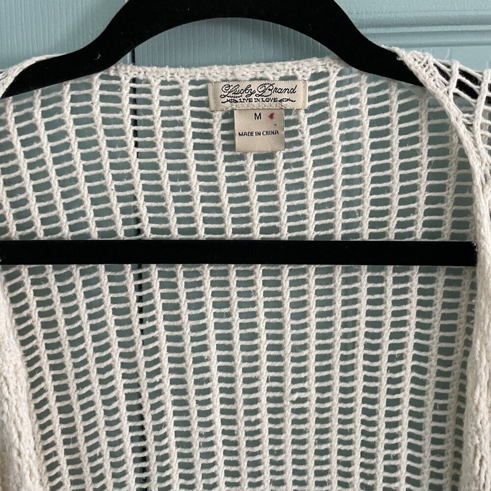 Lucky Brand‎ Womens Crochet Open Weave Wool Blend Off White Waterfall Cardigan M - Picture 3 of 9